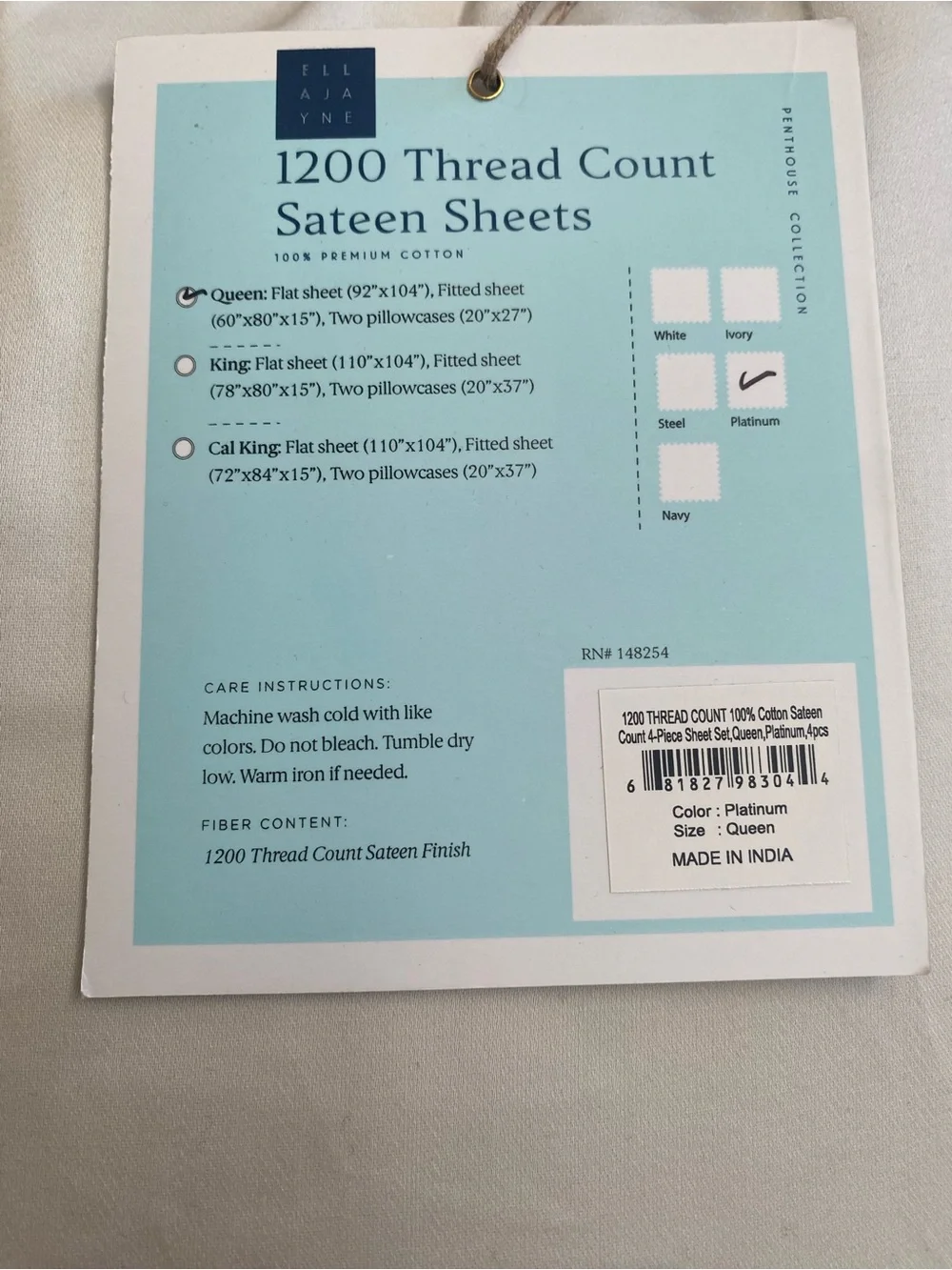 Ell Aja Yne 1200-Thread Count 100% Cotton Sateen Sheet Set color Platinum